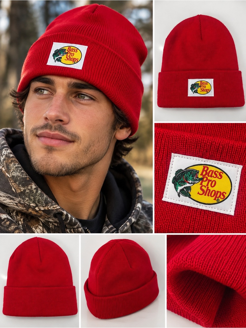 Bass Pro Shops Red Knit Beanie Cuffed Logo Patch Winter Hat Unisex